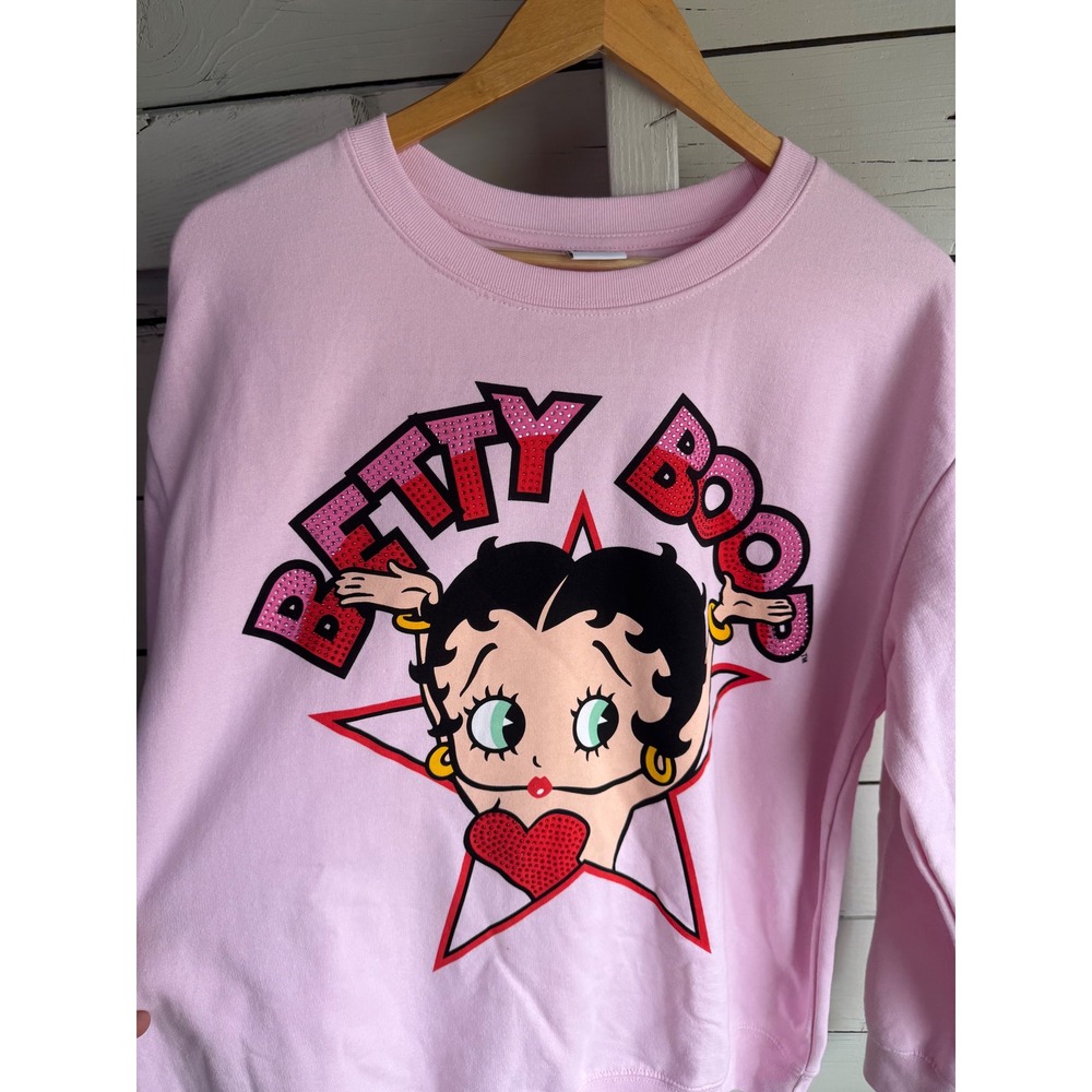 Betty Boop Graphic Pink Sweatshirt Rhinestone Star Pullover XL Womens - Picture 2 of 4
